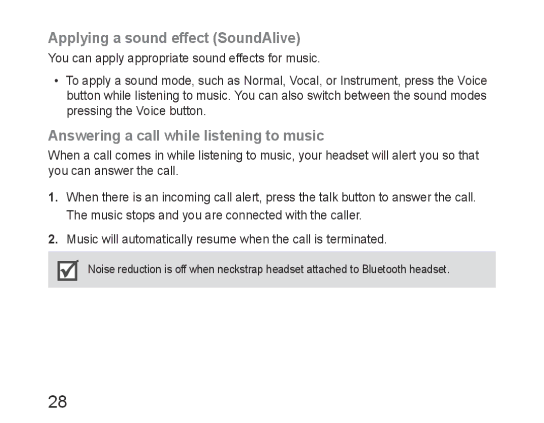 Samsung BHM6400EGEGXEH manual Applying a sound effect SoundAlive, Answering a call while listening to music 