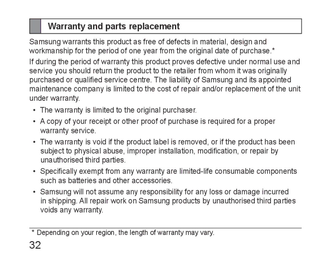 Samsung BHM6400EGEGXEH manual Warranty and parts replacement 