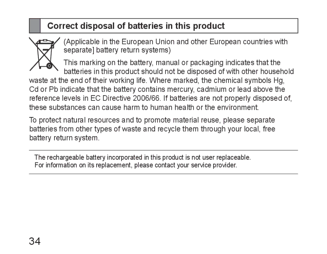 Samsung BHM6400EGEGXEH manual Correct disposal of batteries in this product 