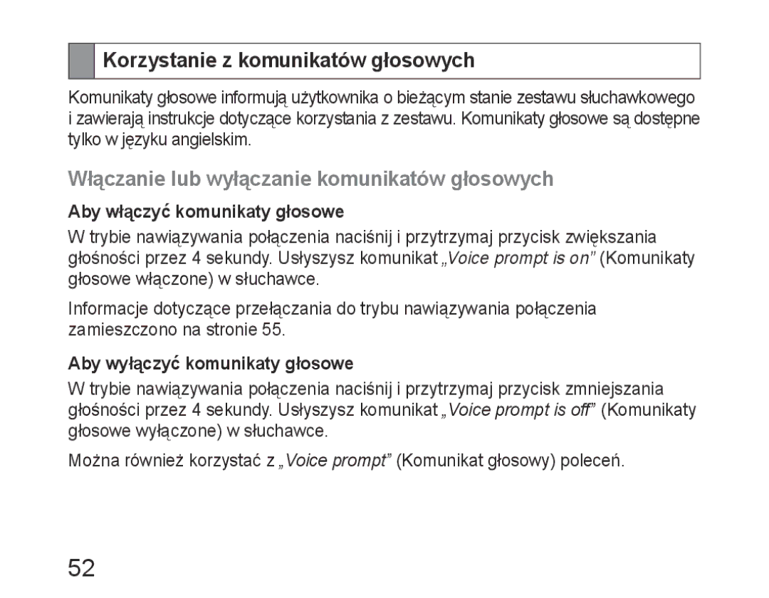 Samsung BHM6400EGEGXEH manual Korzystanie z komunikatów głosowych, Włączanie lub wyłączanie komunikatów głosowych 