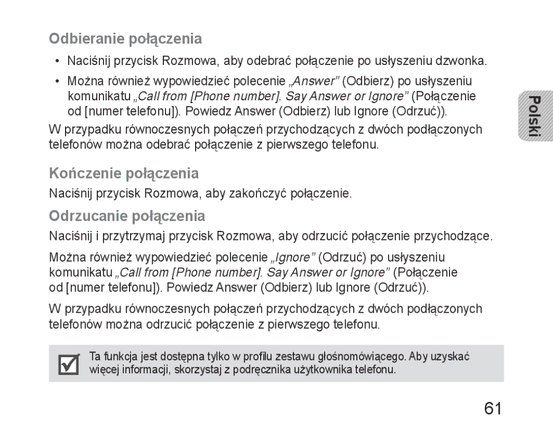 Samsung BHM6400EGEGXEH manual Odbieranie połączenia, Kończenie połączenia, Odrzucanie połączenia 