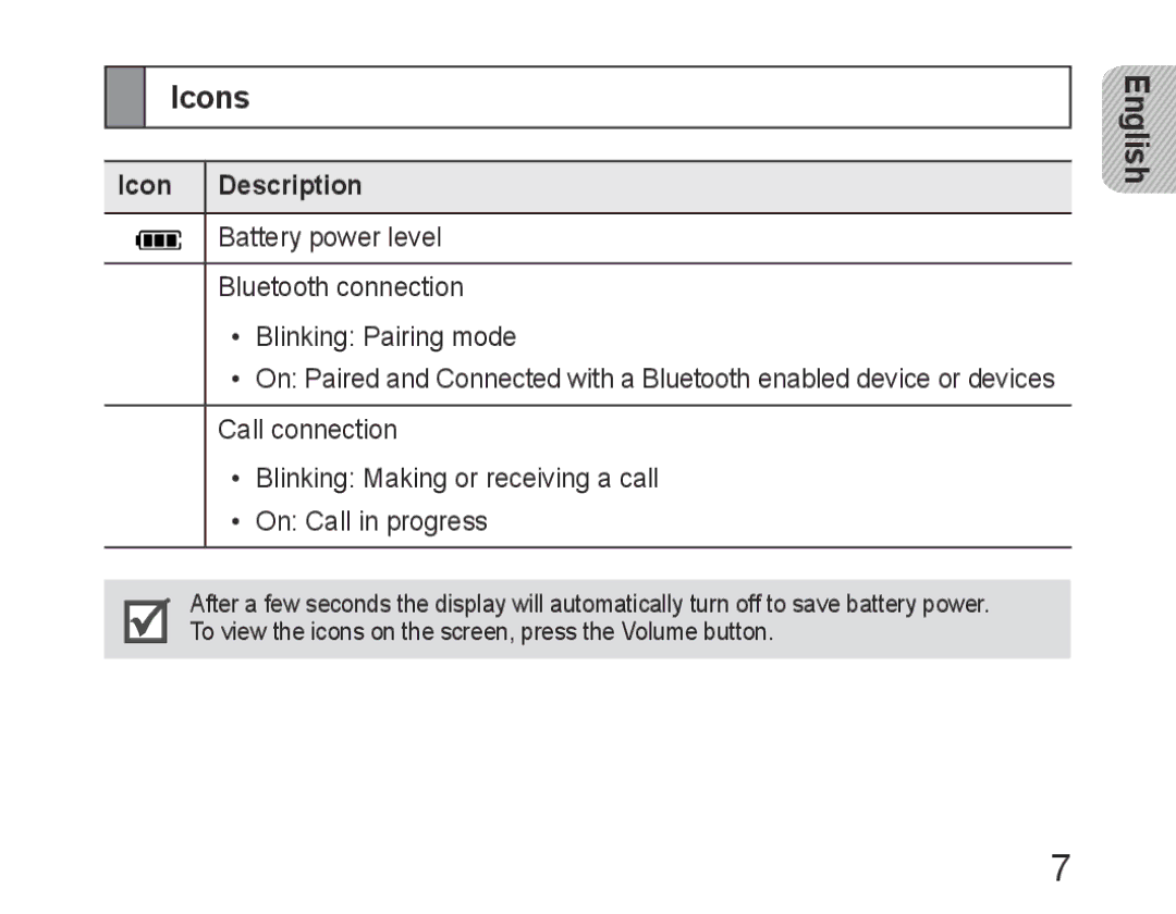 Samsung BHM6400EGEGXEH manual Icons, Icon Description 