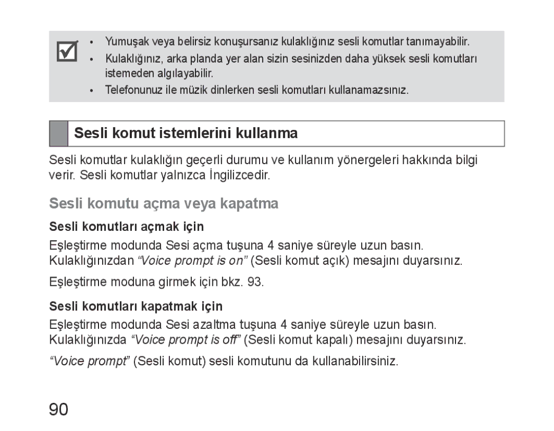 Samsung BHM6400EGEGXEH manual Sesli komut istemlerini kullanma, Sesli komutu açma veya kapatma, Sesli komutları açmak için 