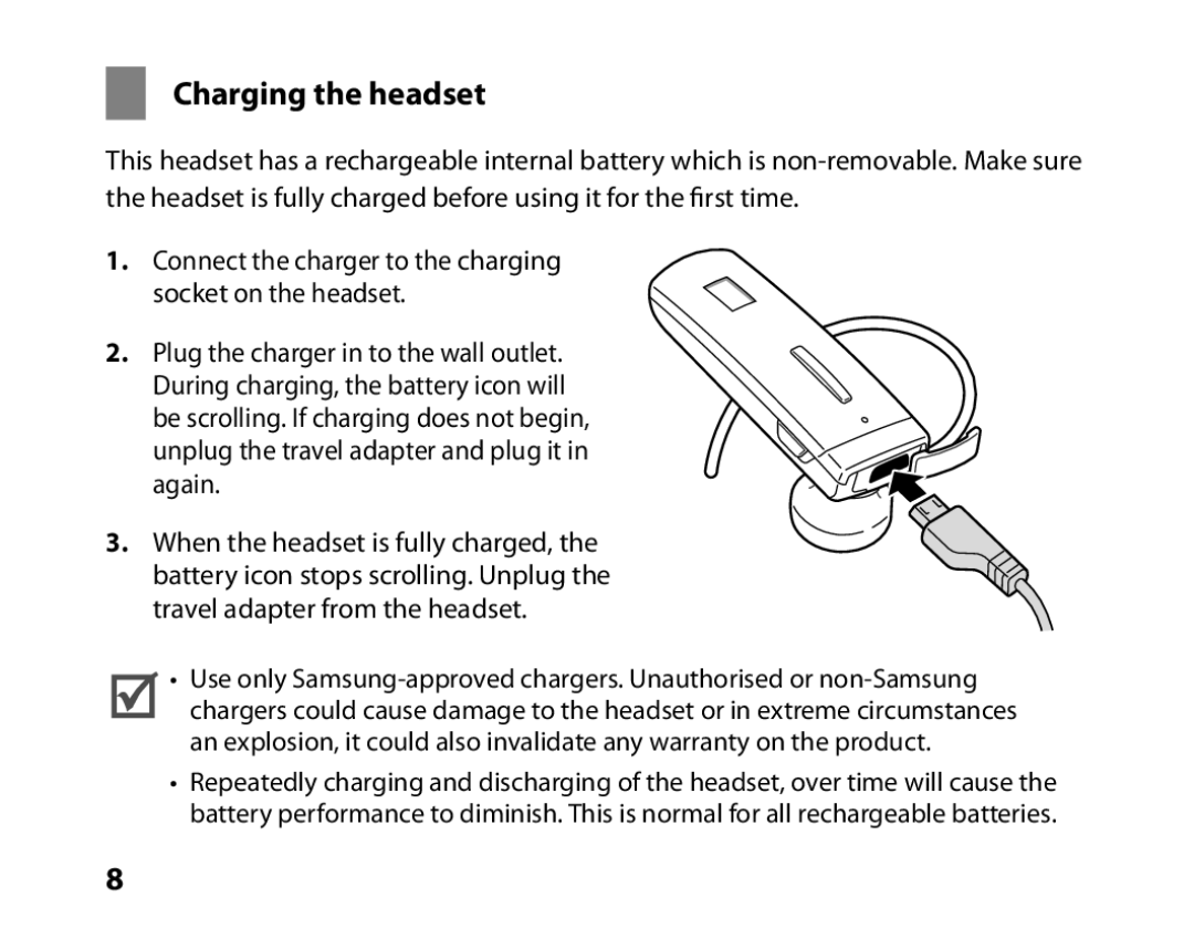 Samsung BHM6450EMEGXEF, BHM6450EMENXEF manual Charging the headset 