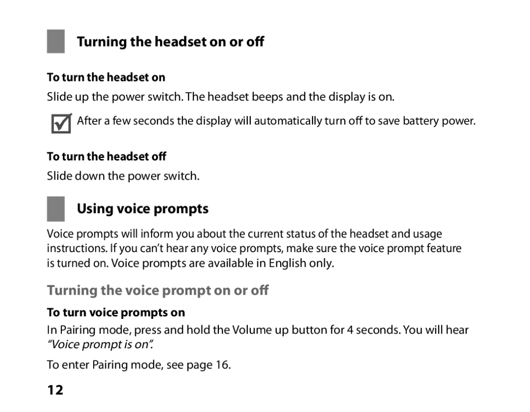 Samsung BHM6450EMEGXEF manual Turning the headset on or off, Using voice prompts, Turning the voice prompt on or off 