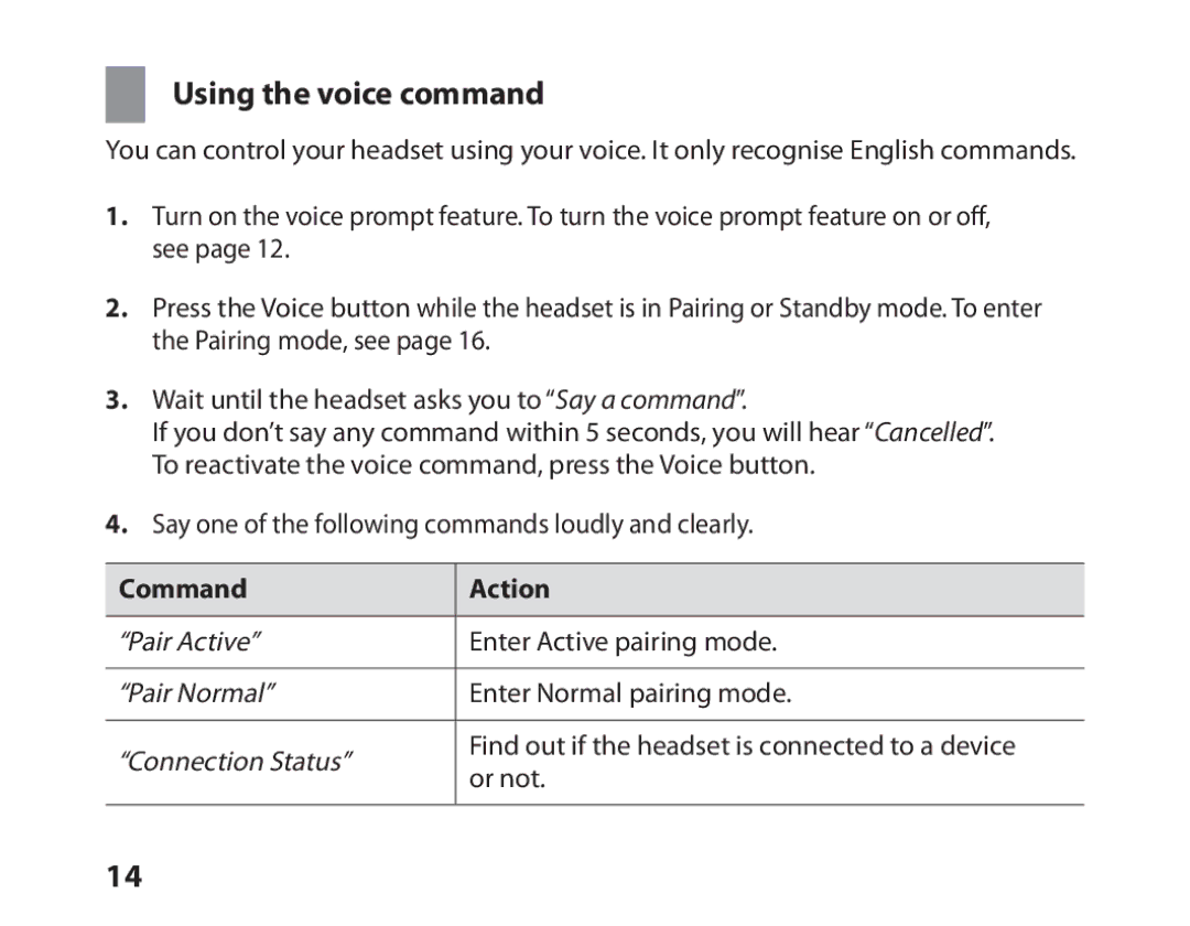 Samsung BHM6450EMEGXEF, BHM6450EMENXEF manual Using the voice command, Command Action 