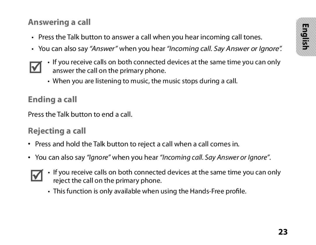 Samsung BHM6450EMENXEF, BHM6450EMEGXEF manual Answering a call, Ending a call, Rejecting a call 