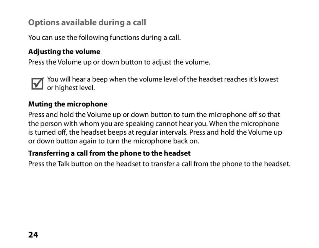 Samsung BHM6450EMEGXEF, BHM6450EMENXEF manual Options available during a call, Adjusting the volume, Muting the microphone 