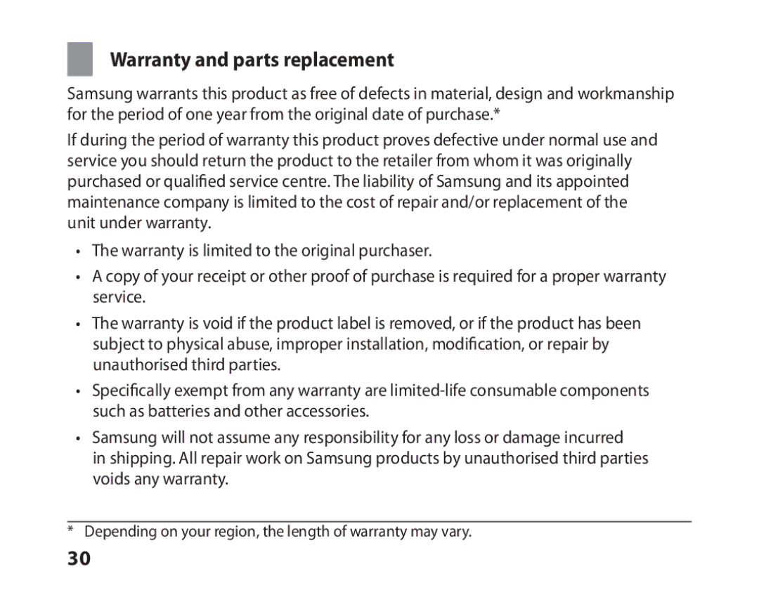 Samsung BHM6450EMEGXEF, BHM6450EMENXEF manual Warranty and parts replacement 