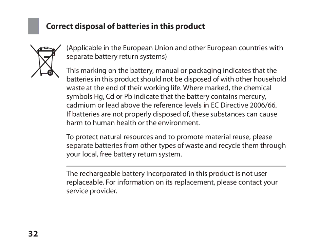 Samsung BHM6450EMEGXEF, BHM6450EMENXEF manual Correct disposal of batteries in this product 