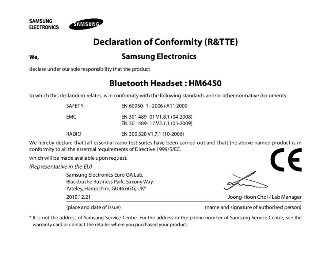 Samsung BHM6450EMEGXEF, BHM6450EMENXEF manual Bluetooth Headset HM6450, Declaration of Conformity R&TTE, Samsung Electronics 