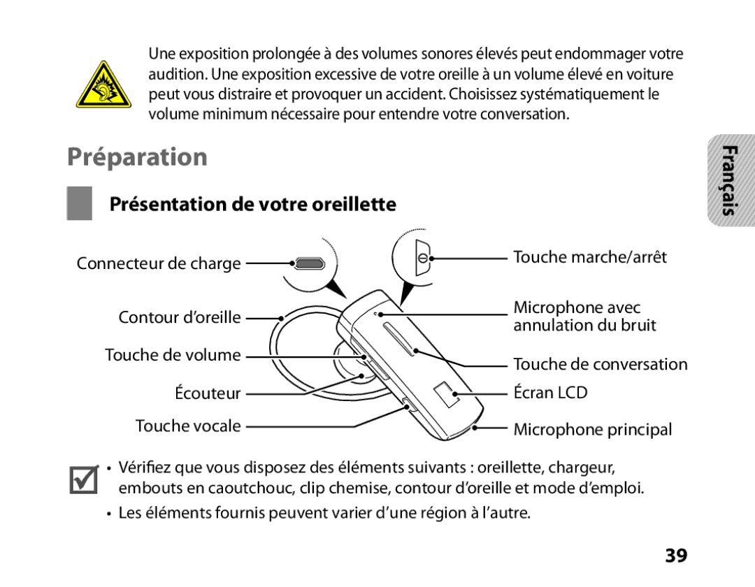 Samsung BHM6450EMENXEF, BHM6450EMEGXEF manual Préparation, Présentation de votre oreillette 