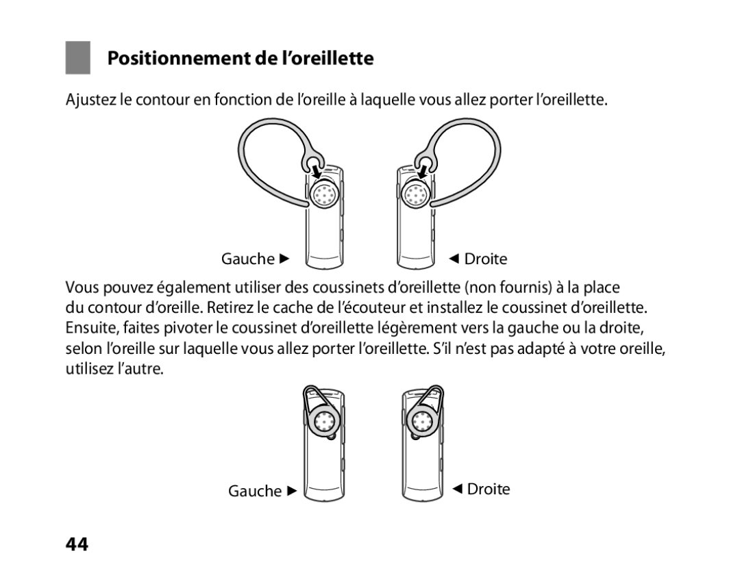 Samsung BHM6450EMEGXEF, BHM6450EMENXEF manual Positionnement de l’oreillette 