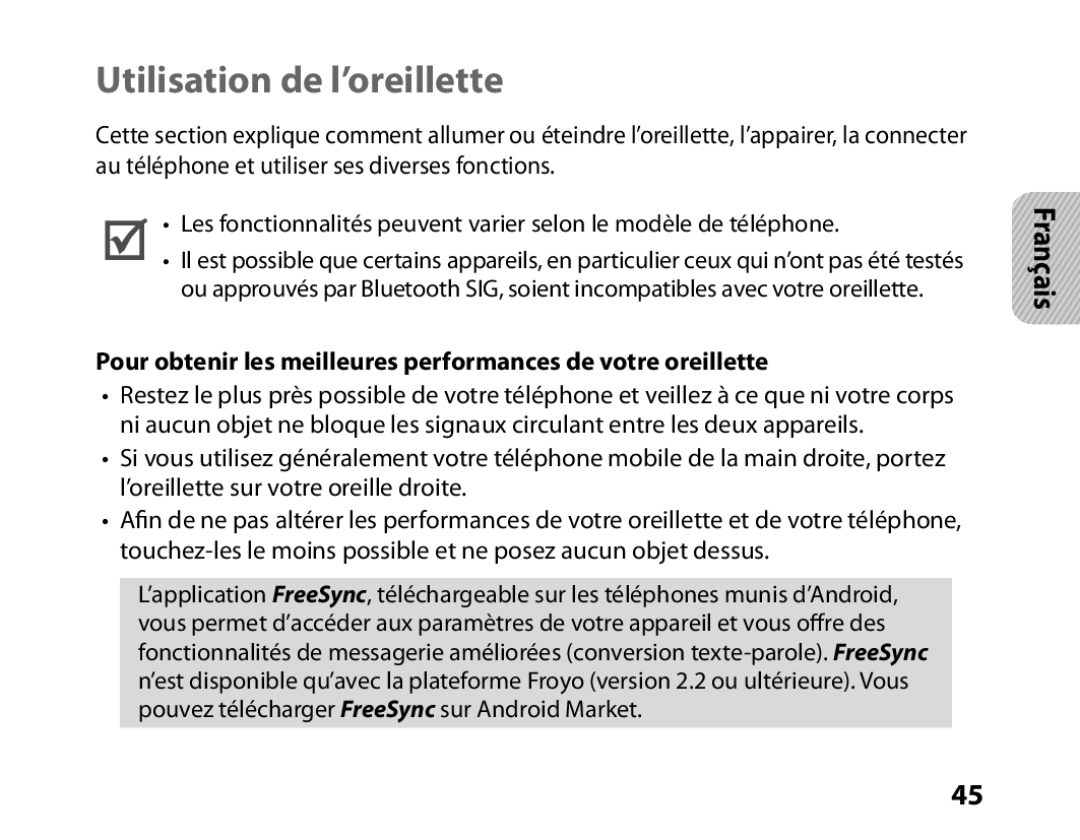 Samsung BHM6450EMENXEF, BHM6450EMEGXEF manual Utilisation de l’oreillette 