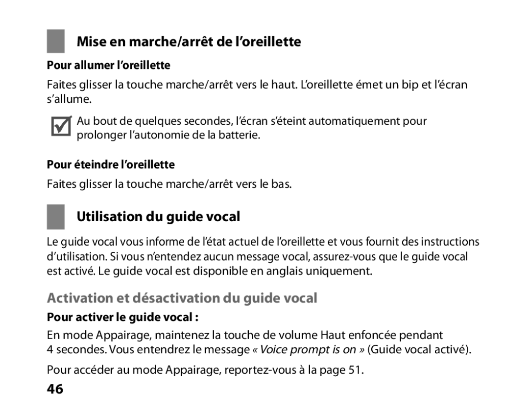 Samsung BHM6450EMEGXEF, BHM6450EMENXEF manual Mise en marche/arrêt de l’oreillette, Utilisation du guide vocal 