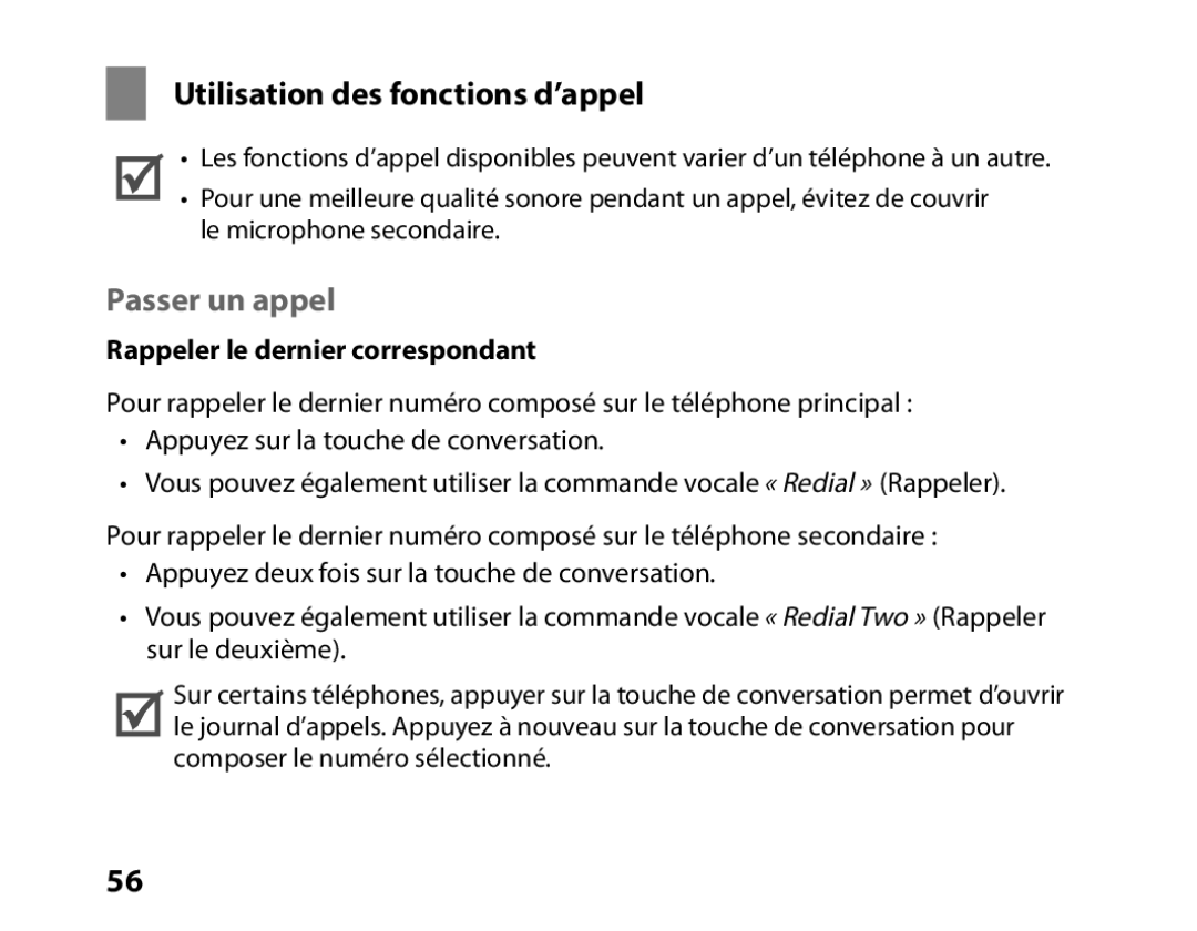 Samsung BHM6450EMEGXEF manual Utilisation des fonctions d’appel, Passer un appel, Rappeler le dernier correspondant 