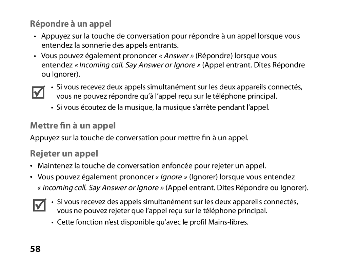 Samsung BHM6450EMEGXEF, BHM6450EMENXEF manual Répondre à un appel, Mettre fin à un appel, Rejeter un appel 