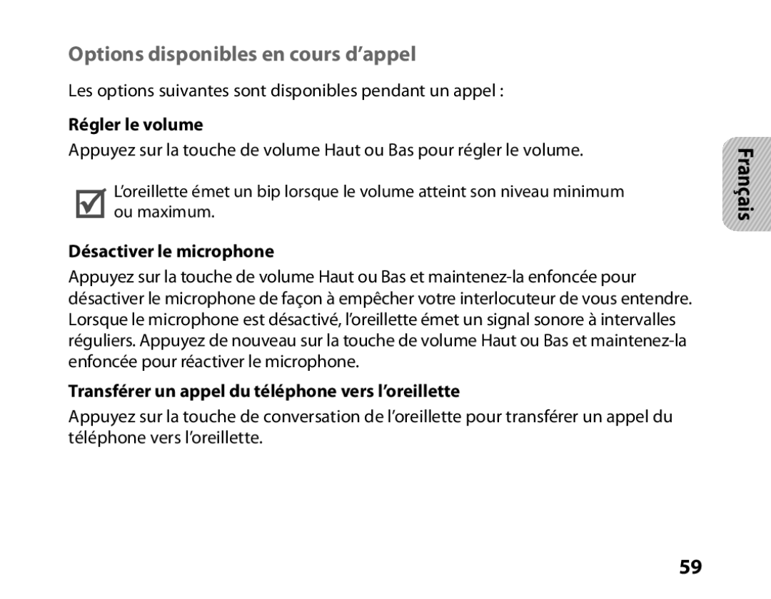 Samsung BHM6450EMENXEF, BHM6450EMEGXEF Options disponibles en cours d’appel, Régler le volume, Désactiver le microphone 