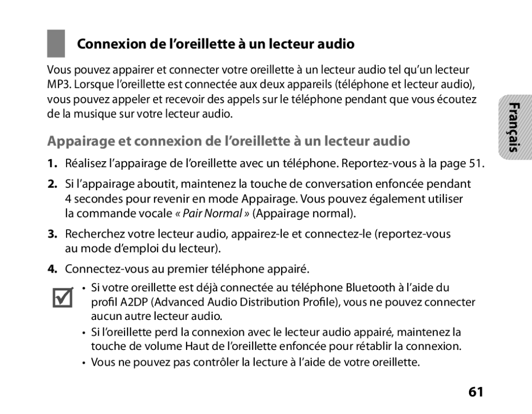 Samsung BHM6450EMENXEF, BHM6450EMEGXEF manual Connexion de l’oreillette à un lecteur audio 