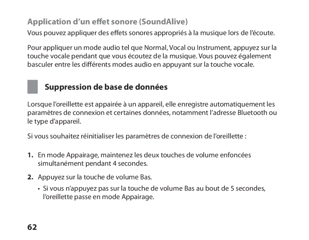 Samsung BHM6450EMEGXEF, BHM6450EMENXEF manual Application d’un effet sonore SoundAlive, Suppression de base de données 