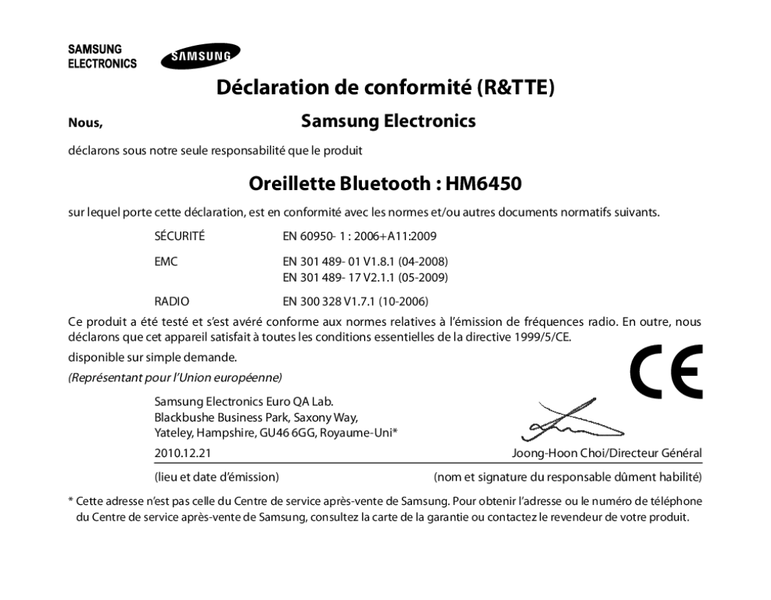 Samsung BHM6450EMENXEF, BHM6450EMEGXEF manual Oreillette Bluetooth HM6450, Déclaration de conformité R&TTE 