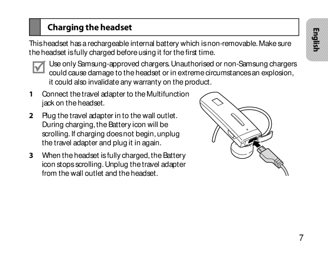 Samsung BHM6450EMEGXEH, BHM6450EMEGXET, BHM6450EMEGHAT manual Charging the headset 