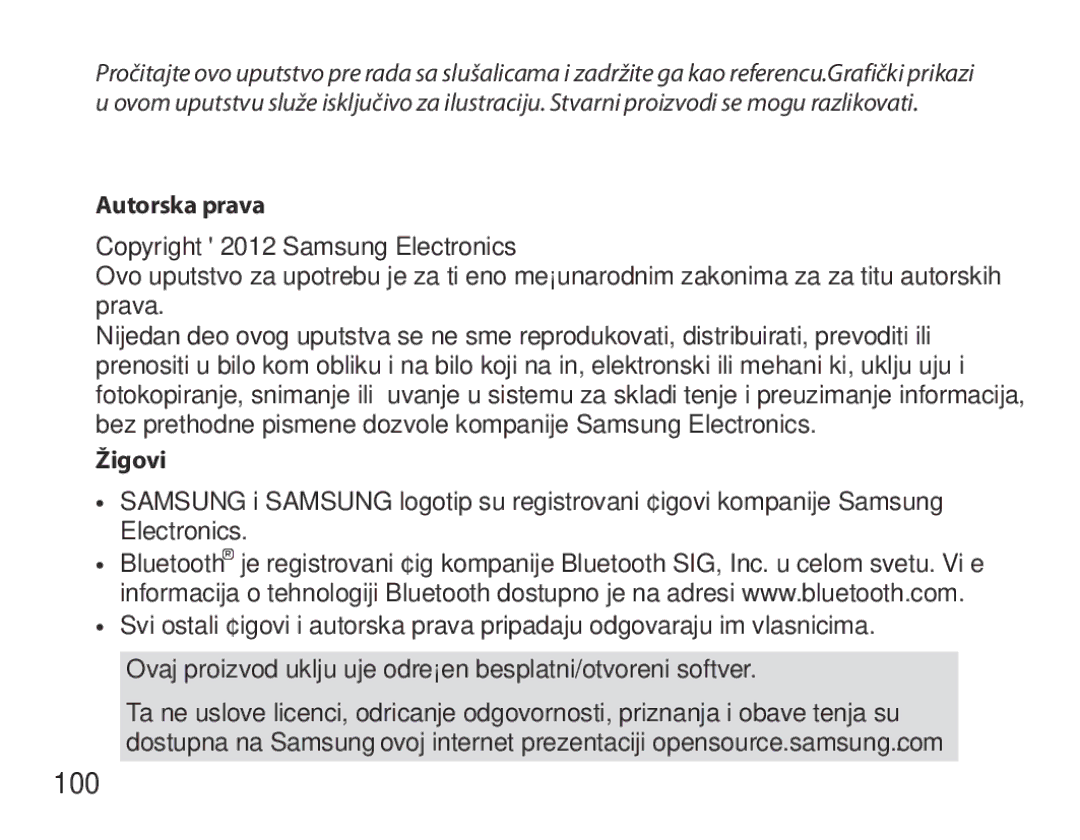 Samsung BHM6450EMEGXEH, BHM6450EMEGXET, BHM6450EMEGHAT manual 100, Autorska prava, Žigovi 