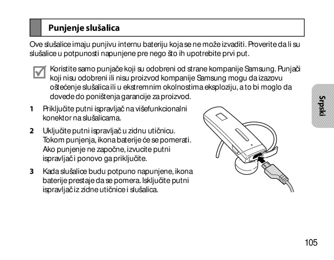 Samsung BHM6450EMEGXET, BHM6450EMEGXEH, BHM6450EMEGHAT manual Punjenje slušalica, 105 