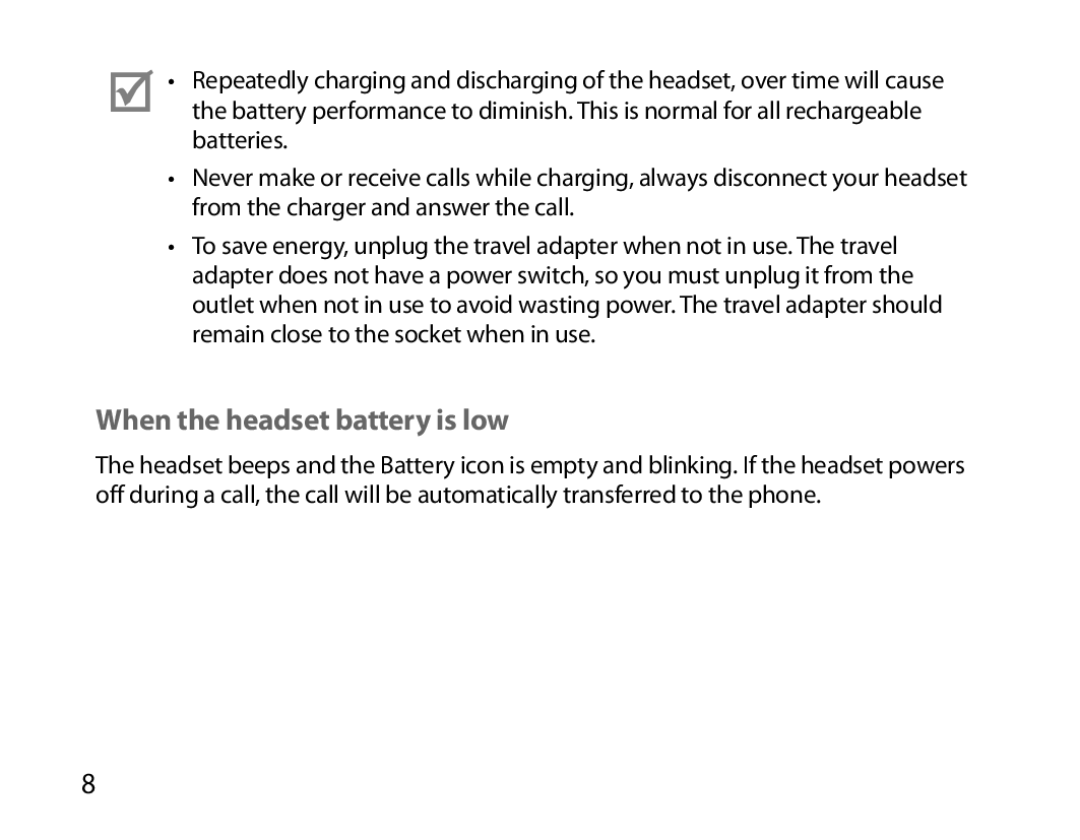 Samsung BHM6450EMEGHAT, BHM6450EMEGXET, BHM6450EMEGXEH manual When the headset battery is low 