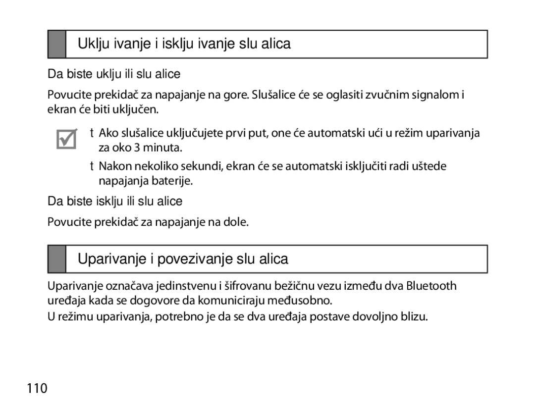 Samsung BHM6450EMEGHAT, BHM6450EMEGXET Uključivanje i isključivanje slušalica, Uparivanje i povezivanje slušalica, 110 