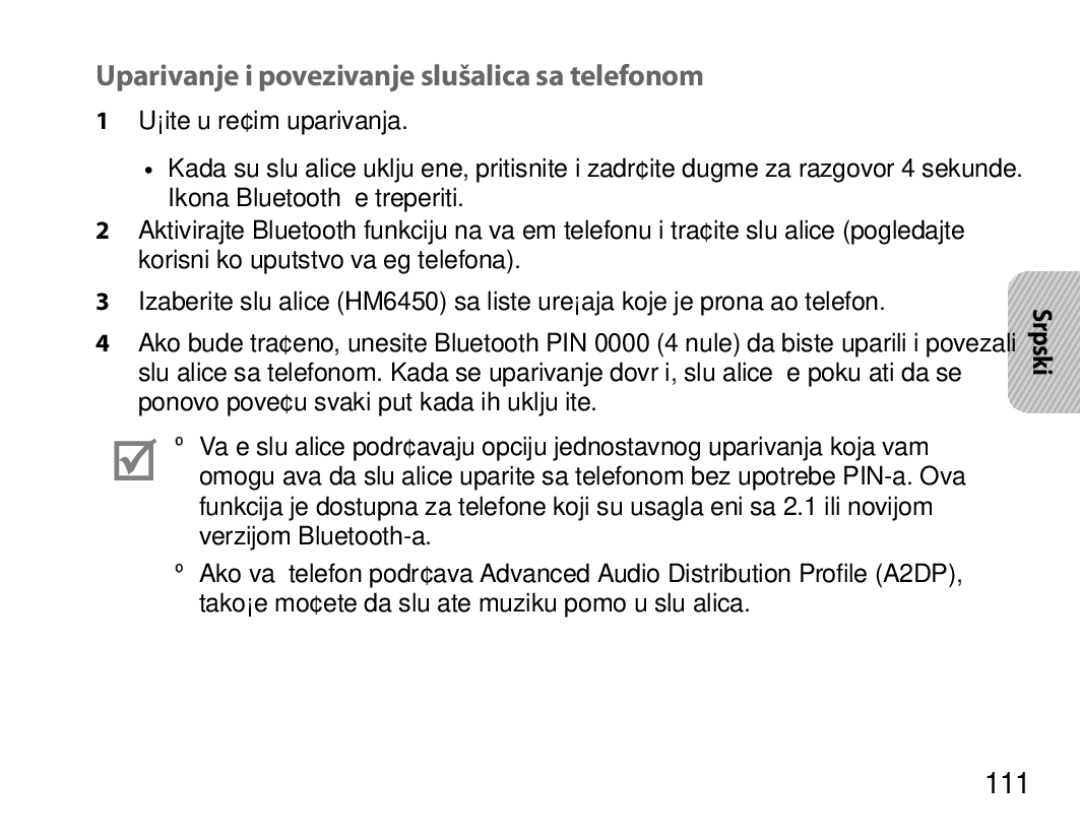 Samsung BHM6450EMEGXET, BHM6450EMEGXEH, BHM6450EMEGHAT manual Uparivanje i povezivanje slušalica sa telefonom, 111 