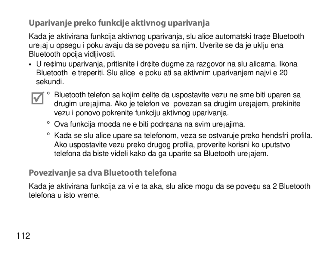 Samsung BHM6450EMEGXEH manual Uparivanje preko funkcije aktivnog uparivanja, Povezivanje sa dva Bluetooth telefona, 112 