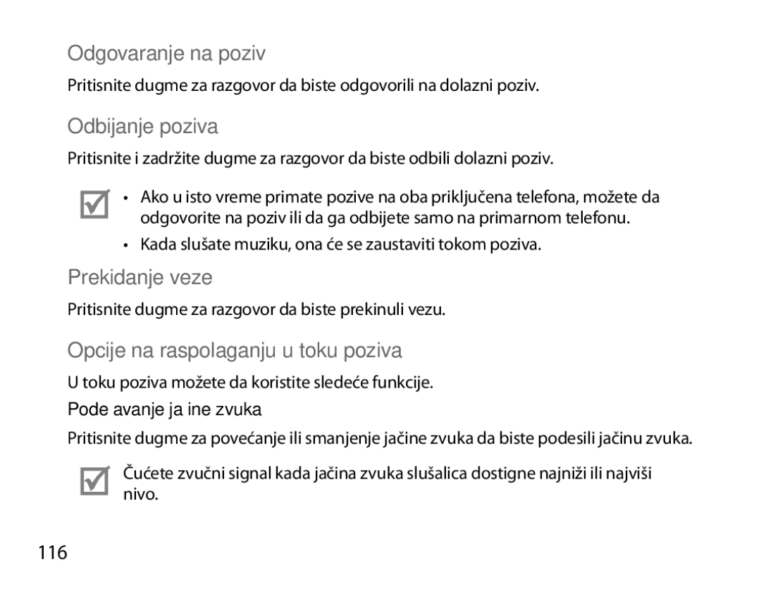 Samsung BHM6450EMEGHAT Odgovaranje na poziv, Odbijanje poziva, Prekidanje veze, Opcije na raspolaganju u toku poziva, 116 