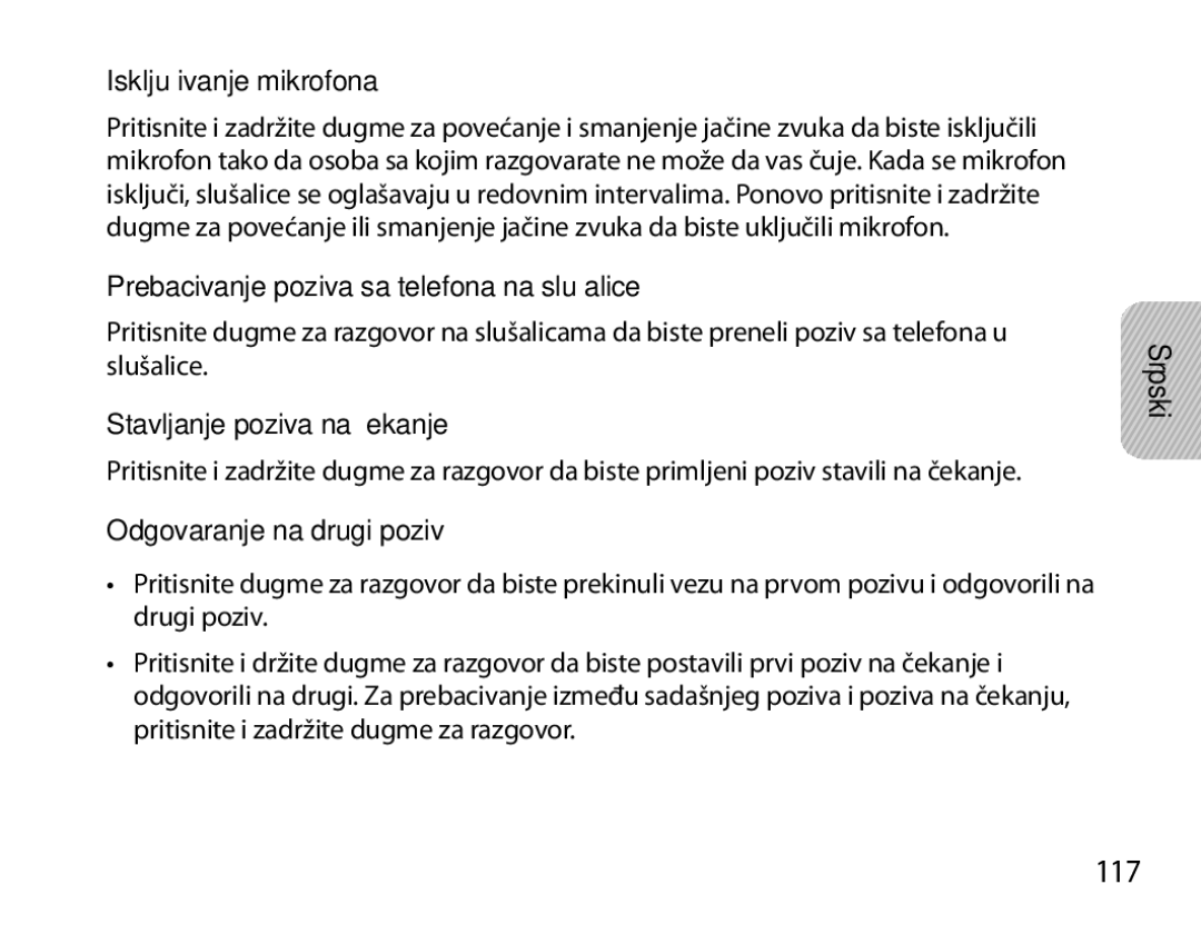 Samsung BHM6450EMEGXET, BHM6450EMEGXEH manual 117, Isključivanje mikrofona, Prebacivanje poziva sa telefona na slušalice 