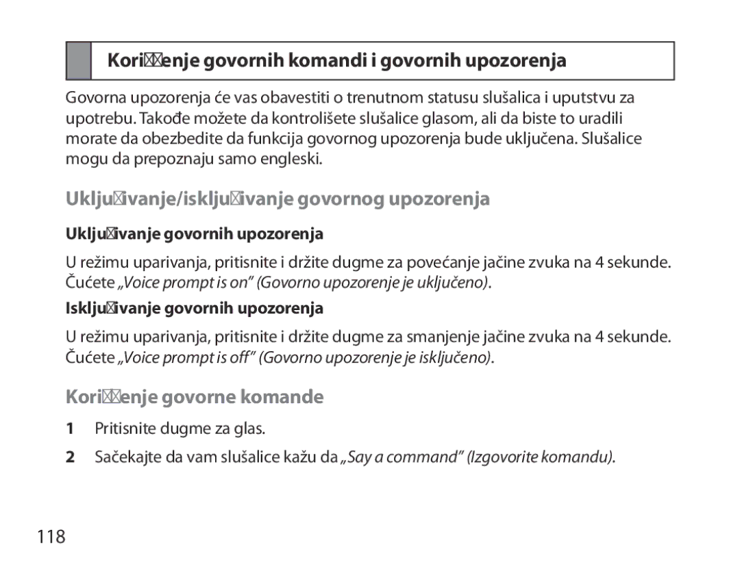 Samsung BHM6450EMEGXEH Korišćenje govornih komandi i govornih upozorenja, Uključivanje/isključivanje govornog upozorenja 