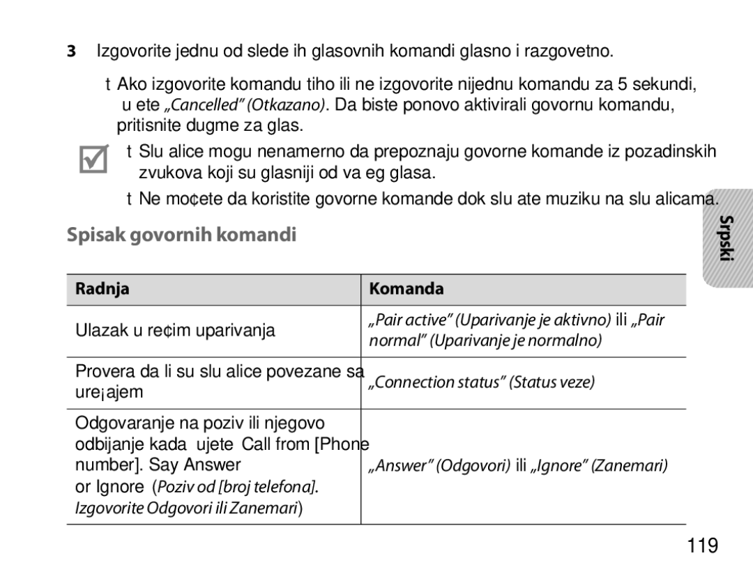 Samsung BHM6450EMEGHAT, BHM6450EMEGXET, BHM6450EMEGXEH manual Spisak govornih komandi, 119, Radnja Komanda 