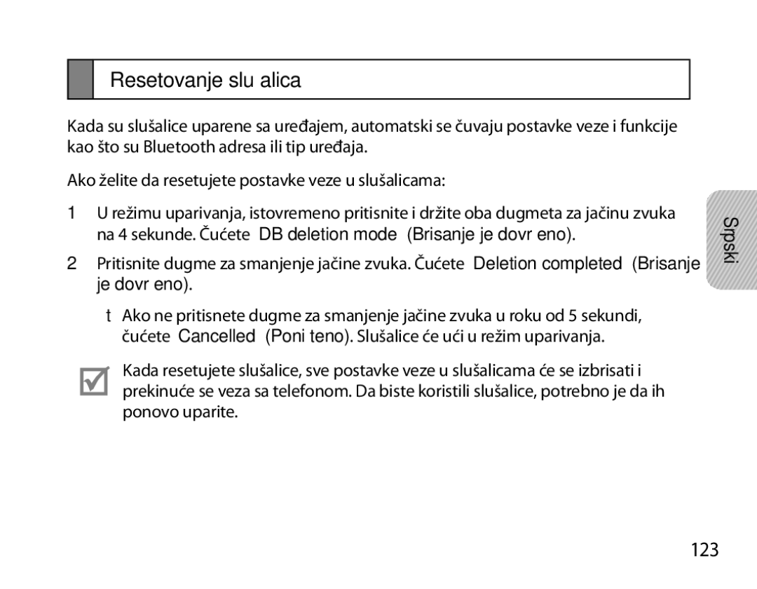 Samsung BHM6450EMEGXET, BHM6450EMEGXEH, BHM6450EMEGHAT manual Resetovanje slušalica, 123 