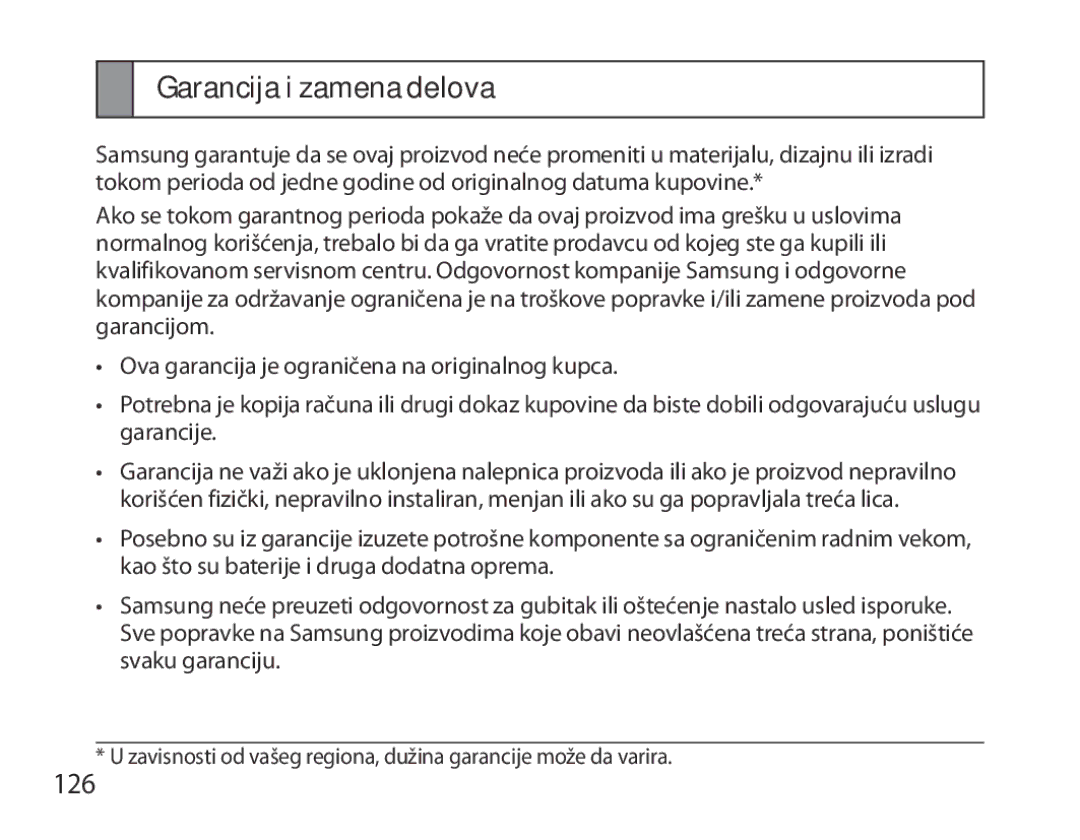 Samsung BHM6450EMEGXET, BHM6450EMEGXEH, BHM6450EMEGHAT manual Garancija i zamena delova, 126 