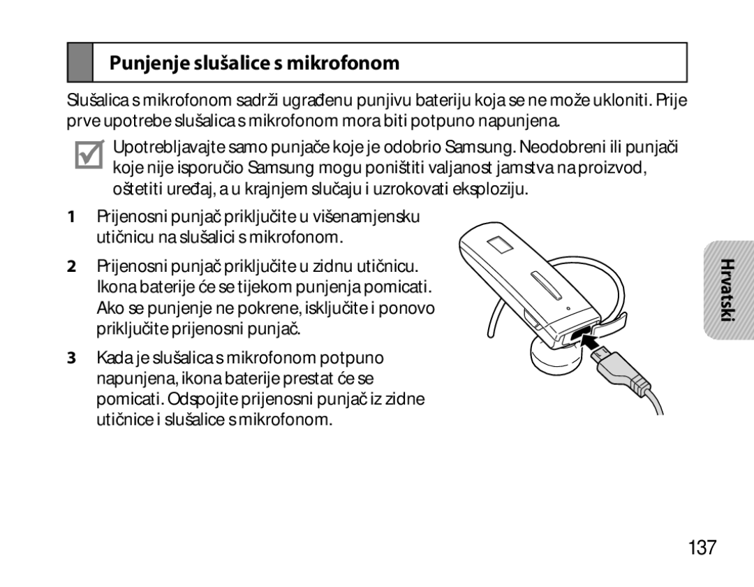 Samsung BHM6450EMEGHAT, BHM6450EMEGXET, BHM6450EMEGXEH manual Punjenje slušalice s mikrofonom, 137 