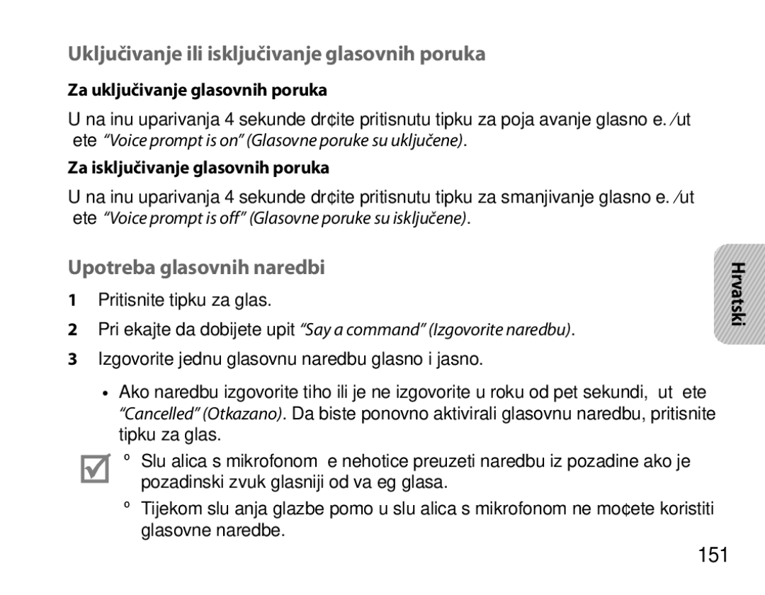 Samsung BHM6450EMEGXEH, BHM6450EMEGXET Uključivanje ili isključivanje glasovnih poruka, Upotreba glasovnih naredbi, 151 