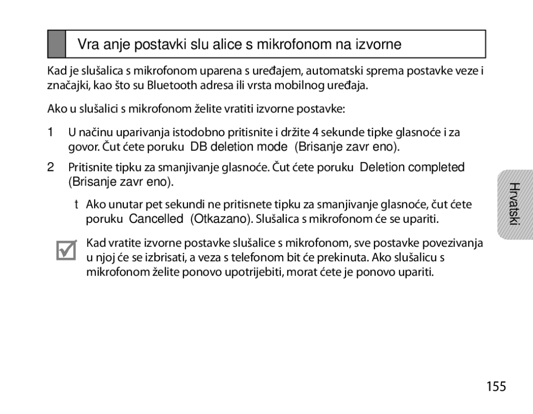 Samsung BHM6450EMEGHAT, BHM6450EMEGXET, BHM6450EMEGXEH manual Vraćanje postavki slušalice s mikrofonom na izvorne, 155 