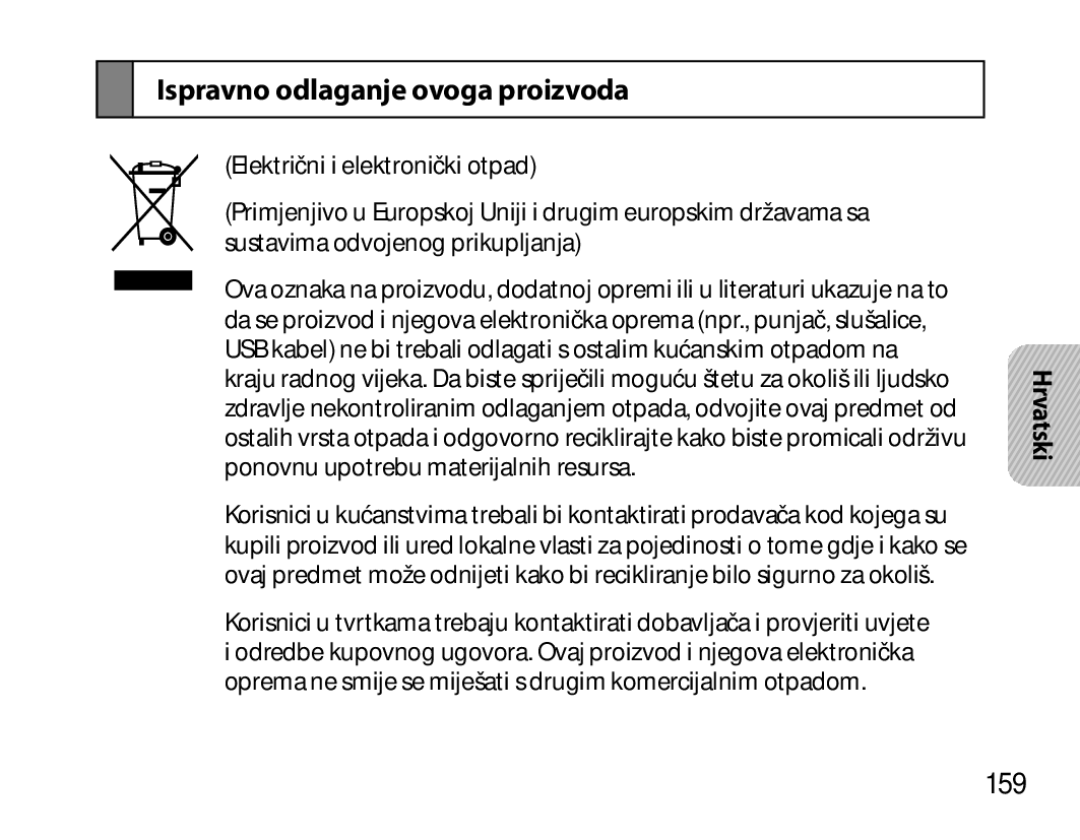 Samsung BHM6450EMEGXET, BHM6450EMEGXEH, BHM6450EMEGHAT manual Ispravno odlaganje ovoga proizvoda, 159 