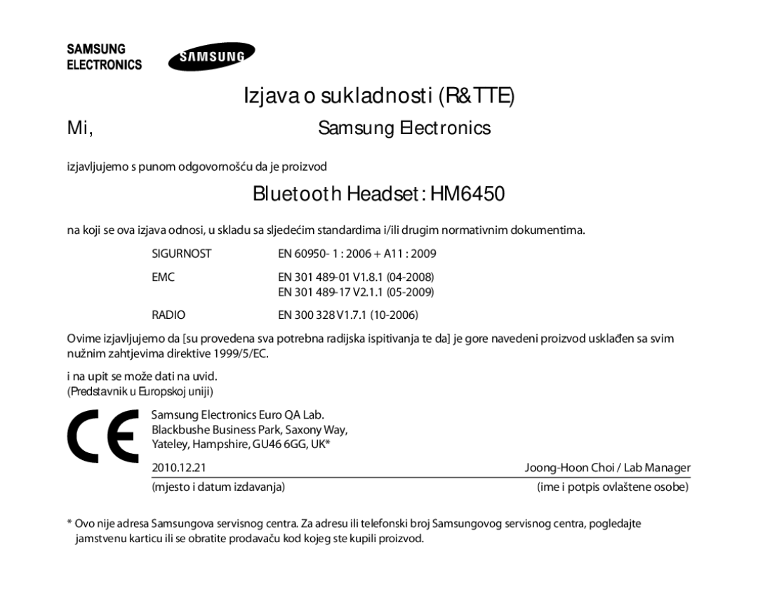 Samsung BHM6450EMEGXET, BHM6450EMEGXEH, BHM6450EMEGHAT manual Izjava o sukladnosti R&TTE, Mjesto i datum izdavanja 