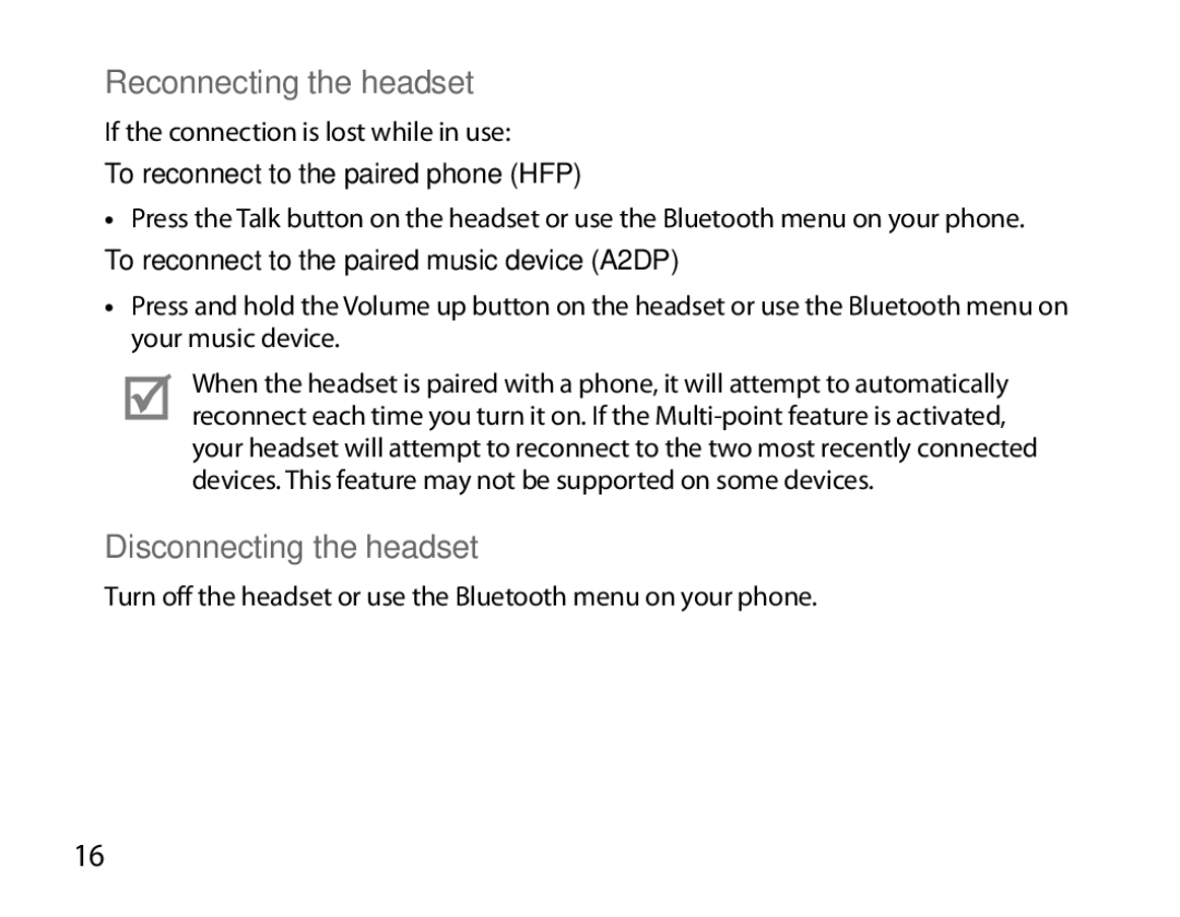 Samsung BHM6450EMEGXEH manual Reconnecting the headset, Disconnecting the headset, To reconnect to the paired phone HFP 