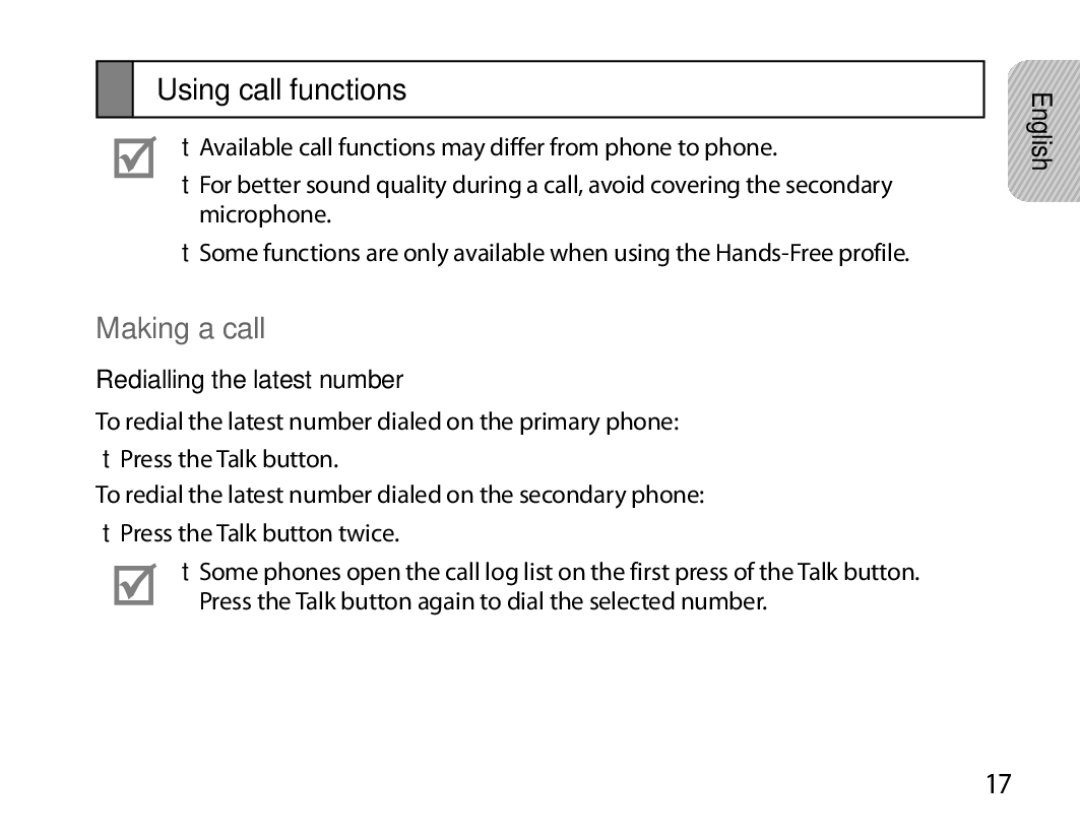 Samsung BHM6450EMEGHAT, BHM6450EMEGXET, BHM6450EMEGXEH Using call functions, Making a call, Redialling the latest number 