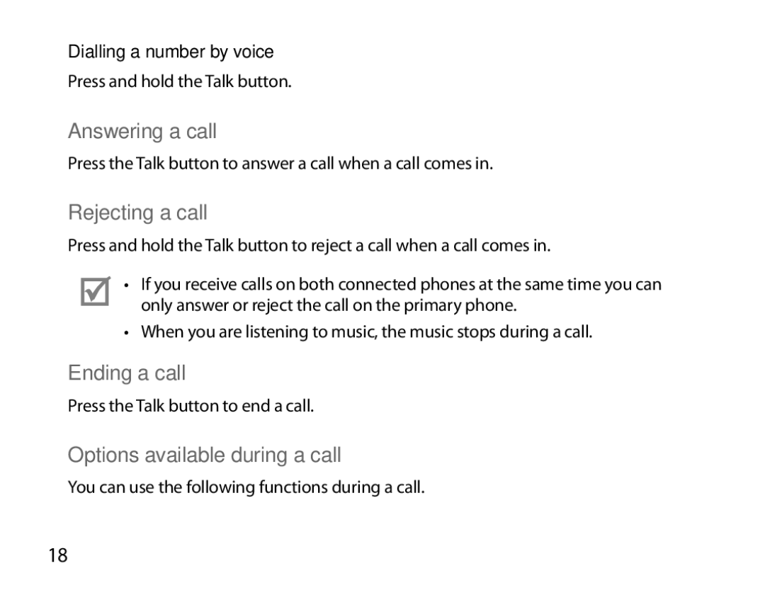 Samsung BHM6450EMEGXET, BHM6450EMEGXEH Answering a call, Rejecting a call, Ending a call, Options available during a call 