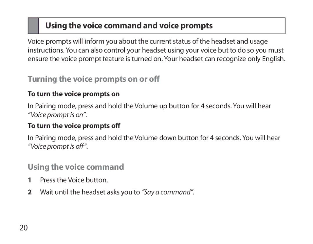 Samsung BHM6450EMEGHAT, BHM6450EMEGXET manual Using the voice command and voice prompts, Turning the voice prompts on or off 