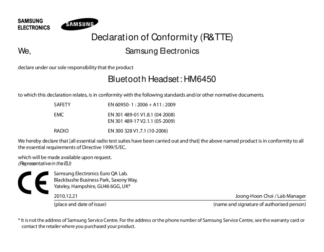 Samsung BHM6450EMEGXEH, BHM6450EMEGXET manual Bluetooth Headset HM6450, Declaration of Conformity R&TTE, Samsung Electronics 