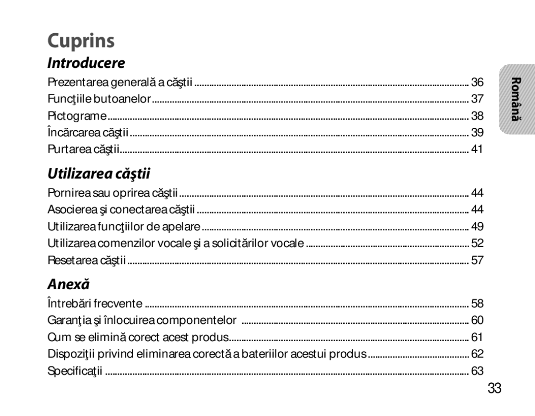 Samsung BHM6450EMEGXET, BHM6450EMEGXEH, BHM6450EMEGHAT manual Cuprins, Română 