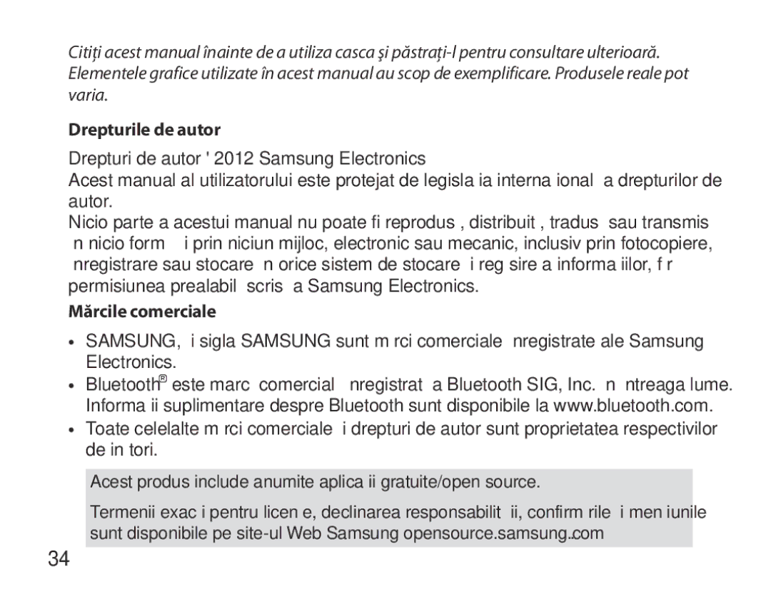 Samsung BHM6450EMEGXEH, BHM6450EMEGXET, BHM6450EMEGHAT manual Drepturile de autor, Mărcile comerciale 